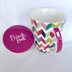 French Bull Ceramic Mug+Lid Rainbow Colored ‘Zigzag’ NWOT